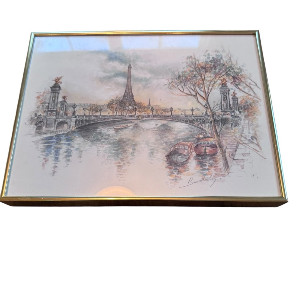 Paris watercolor Framed Signed Eiffel Tower 9 3/4” x 7 1/4” Bernedette Voz